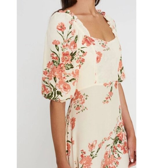 Faithfull The Brand Midi Dress Cream Pink Floral Short Puff Sleeve ALine Bronte - Picture 8 of 13